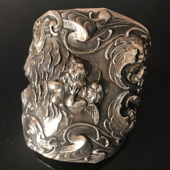 Kissing Cherub Wide Sterling Silver Cuff Bracelet Unger Brothers Angel Putti - Picture 13 of 13